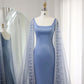 Robes de soirée sirène bleu cristal de luxe avec robe de bal à manches cape B339