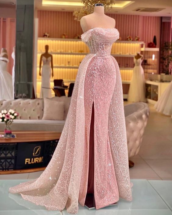 Pink Strapless Long Mermaid Prom Dress Split with Detachable Sleeves main image 1