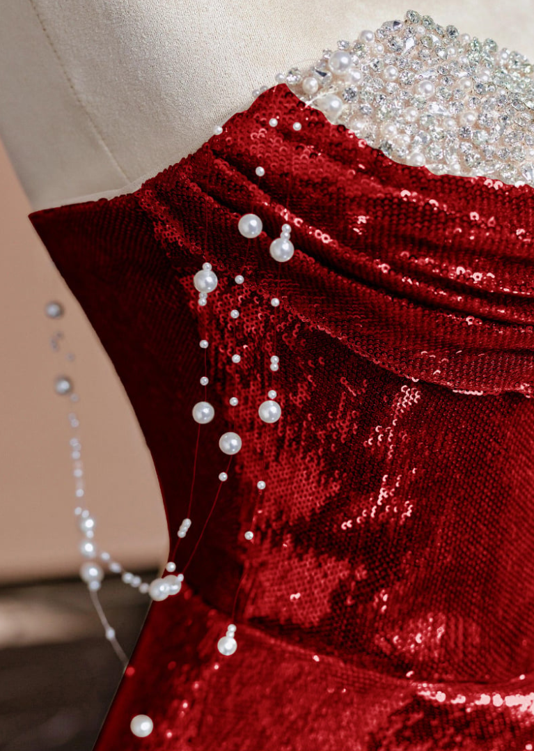 Robe de bal longue sexy sirène bordeaux à paillettes B361