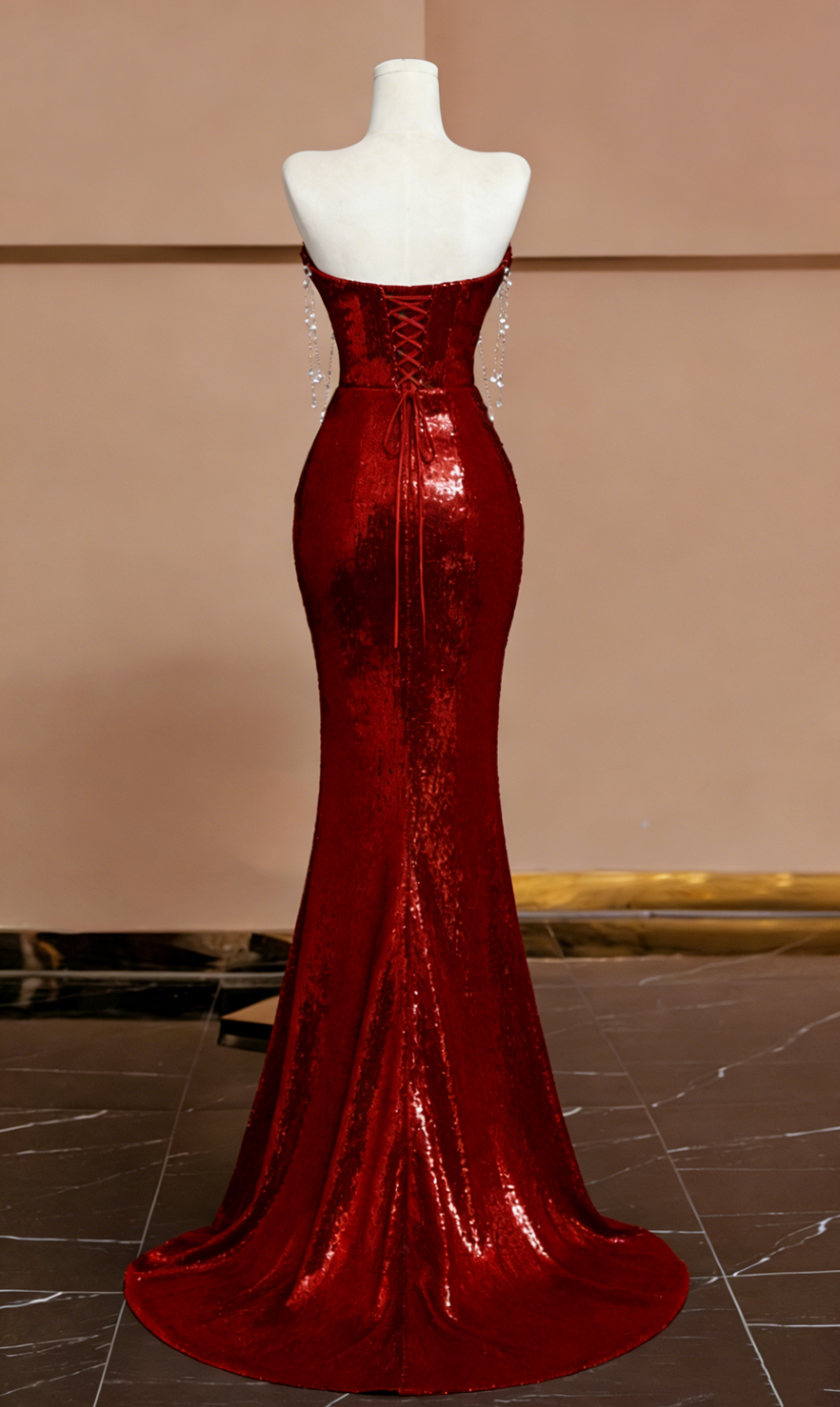 Robe de bal longue sexy sirène bordeaux à paillettes B361