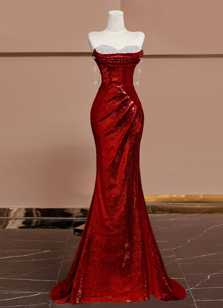 Robe de bal longue sexy sirène bordeaux à paillettes B361