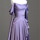 Elegant A line Short Sleeves Purple Satin Prom Dress B363