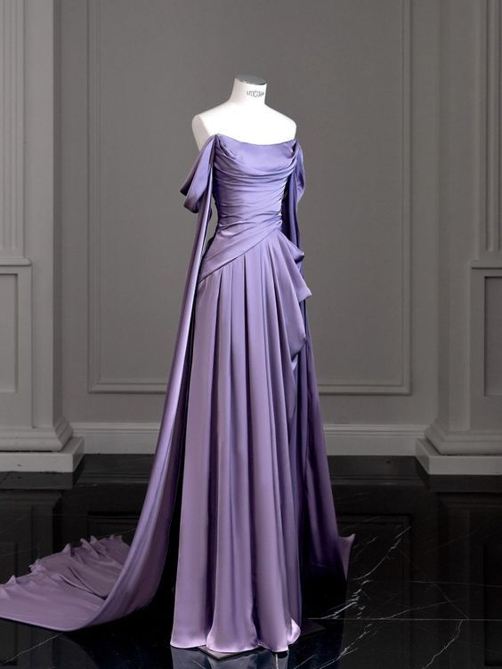 Elegant A line Short Sleeves Purple Satin Prom Dress B363