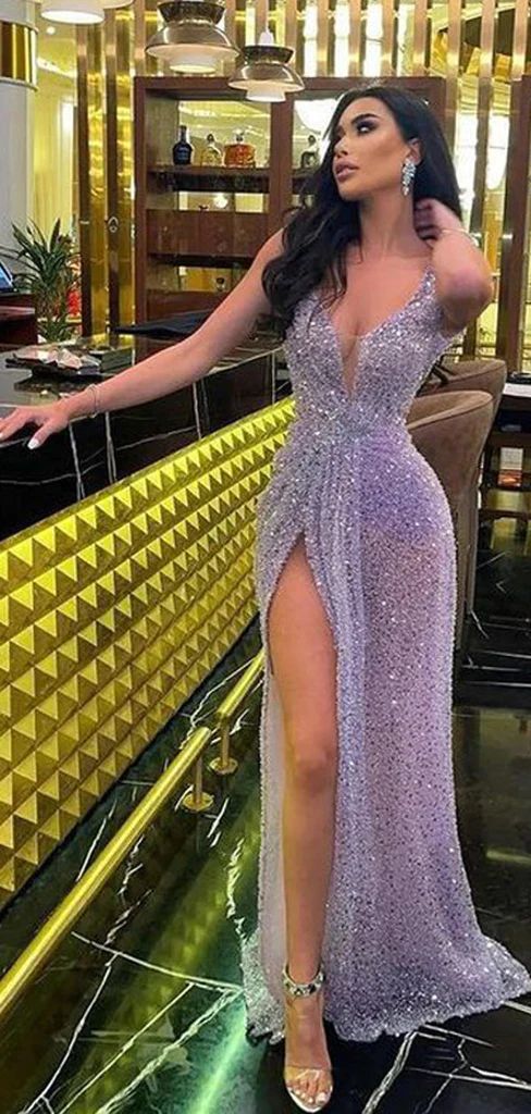 Sexy Purple V-neck High Slit Cheap Long Prom Dresses B366