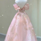 Modest A line Straps Pink Lace Ankle Length Prom Dress B379