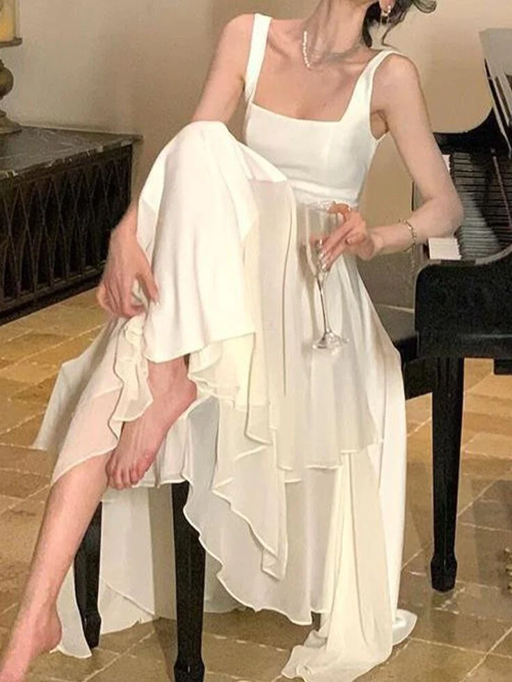 Modest A line Straps White Chiffon Prom Dress B380