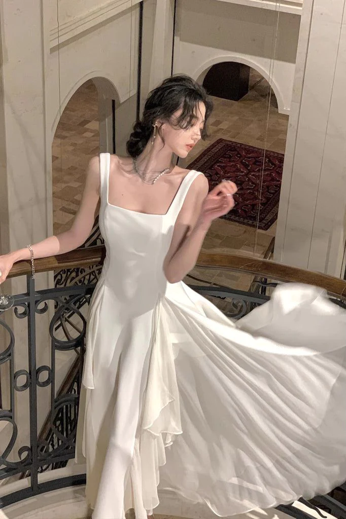 Modest A line Straps White Chiffon Prom Dress B380