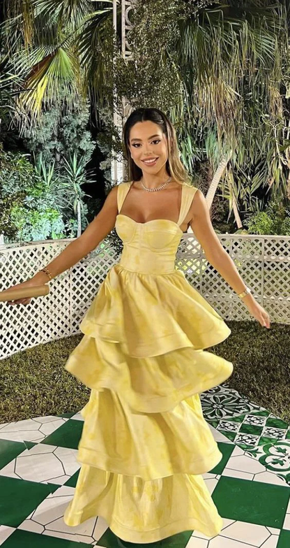 Sexy A line Straps Sleeveless Floral Yellow Prom Dress B384
