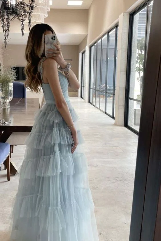 Sexy Ball Gown Straps Sleeveless Light Sky Blue Tulle Prom Dress B385
