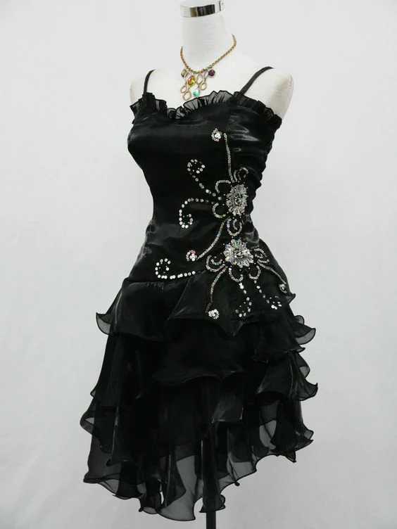 Robe de bal courte noire, sexy, bretelles fourreau, sans manches, B386