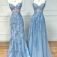 Sexy Sleeveless Light Sky Blue Lace Long Prom Dress B389