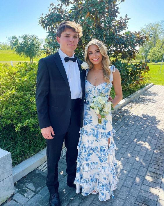 Sexy A Line Sleeveless Blue Floral Long Prom Dress B391
