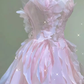 Robe de bal longue à fleurs rose, ligne A, sans manches, féerique, B393