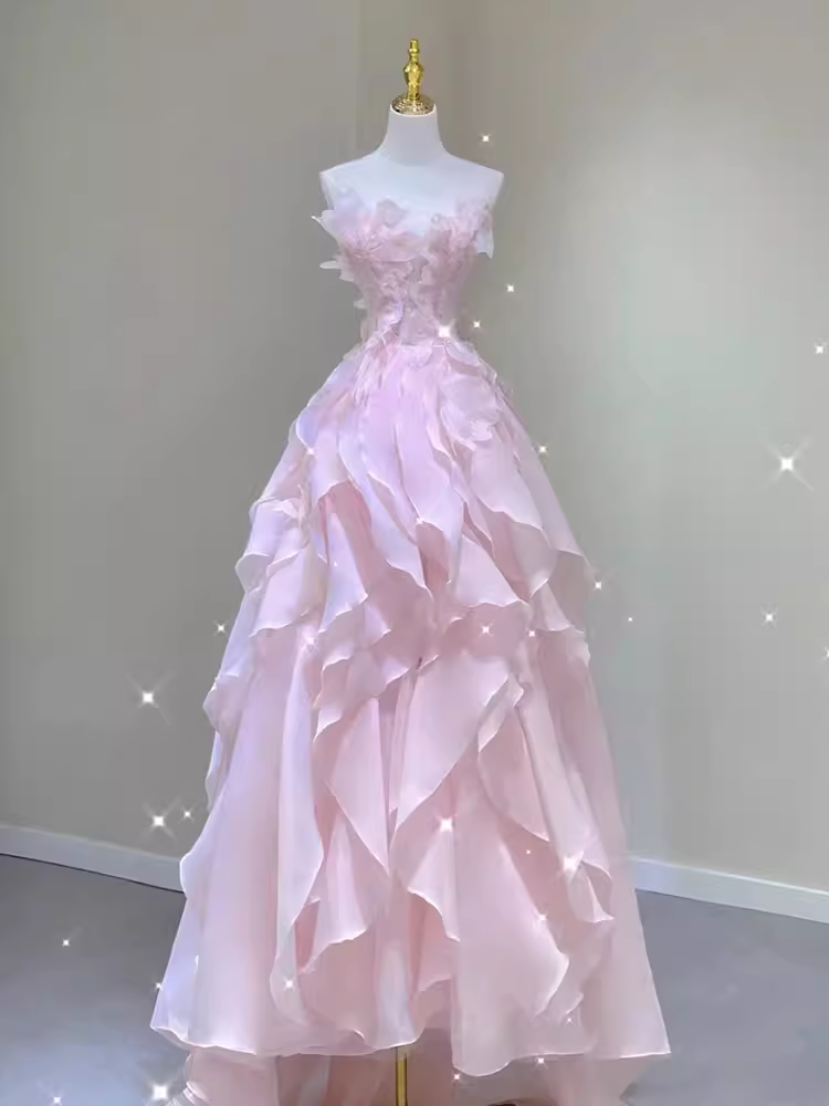 Fairy A Line Sleeveless Pink Long Floral Prom Dress B393
