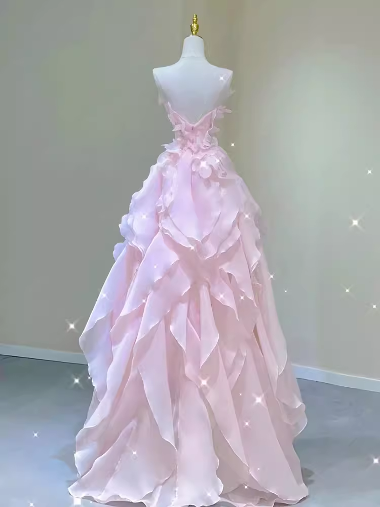 Fairy A Line Sleeveless Pink Long Floral Prom Dress B393