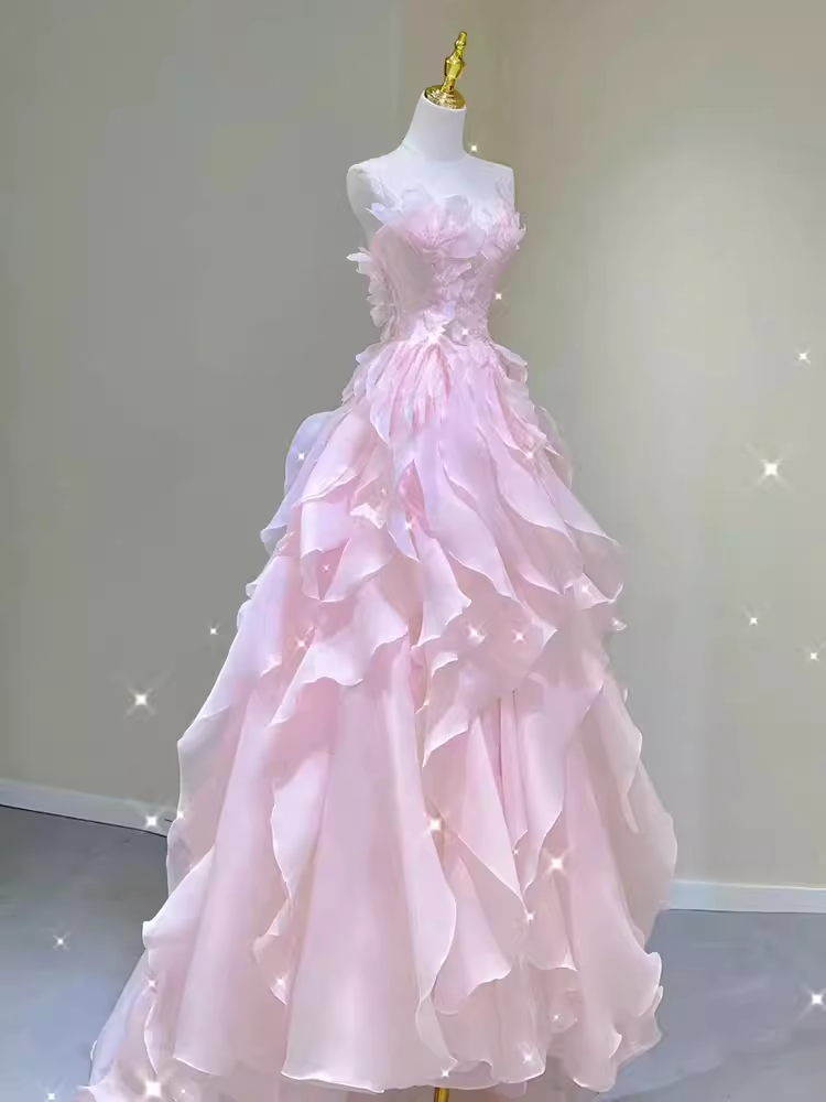 Fairy A Line Sleeveless Pink Long Floral Prom Dress B393