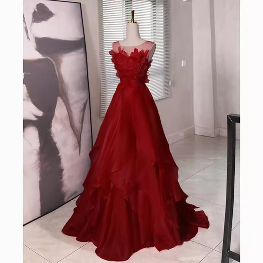 Fairy A Line Sleeveless Burgundy Long Floral Prom Dress B394