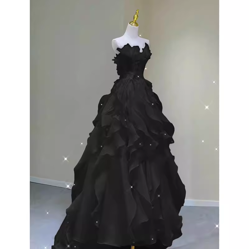 Fairy A Line Sleeveless Black Chiffon Long Floral Prom Dress B395