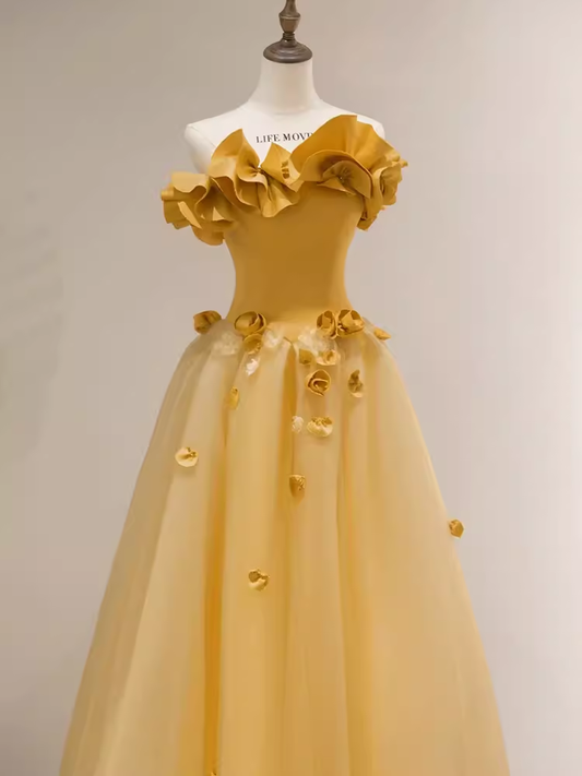 Robe de bal féerique sans manches jaune longue robe de bal florale B396