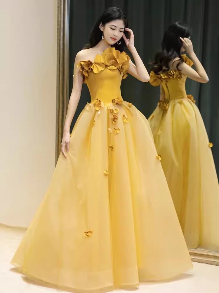 Fairy Ball Gown Sleeveless Yellow Long Floral Prom Dress B396