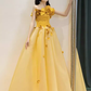 Fairy Ball Gown Sleeveless Yellow Long Floral Prom Dress B396