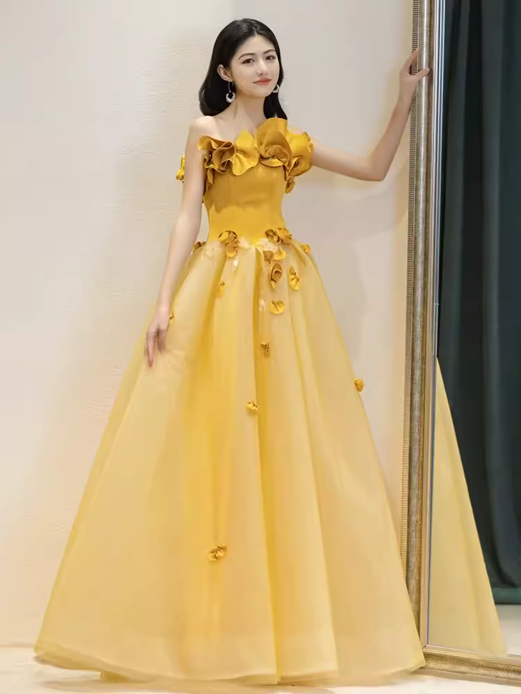 Fairy Ball Gown Sleeveless Yellow Long Floral Prom Dress B396