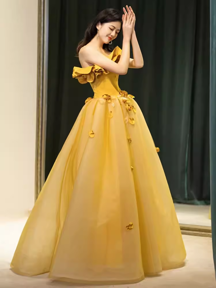 Fairy Ball Gown Sleeveless Yellow Long Floral Prom Dress B396