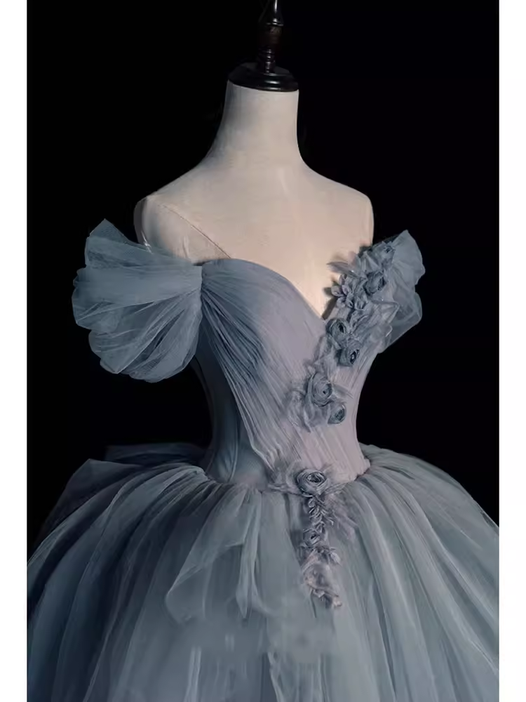 Fairy Ball Gown Off The Shoulder Gray Long Prom Dress B397