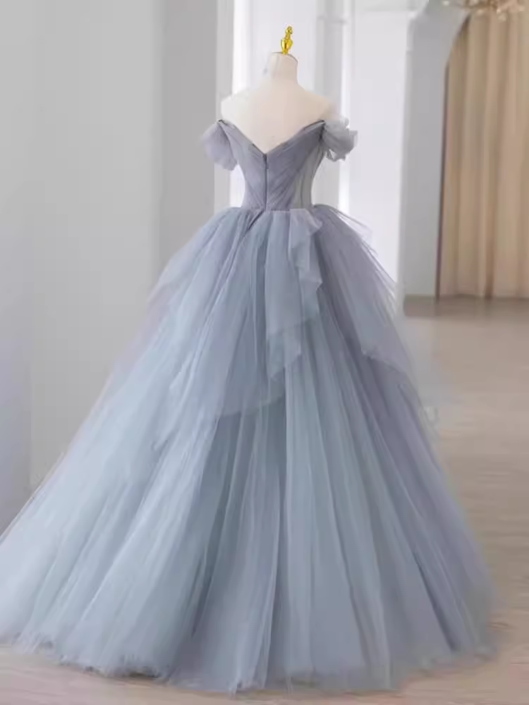 Fairy Ball Gown Off The Shoulder Gray Long Prom Dress B397
