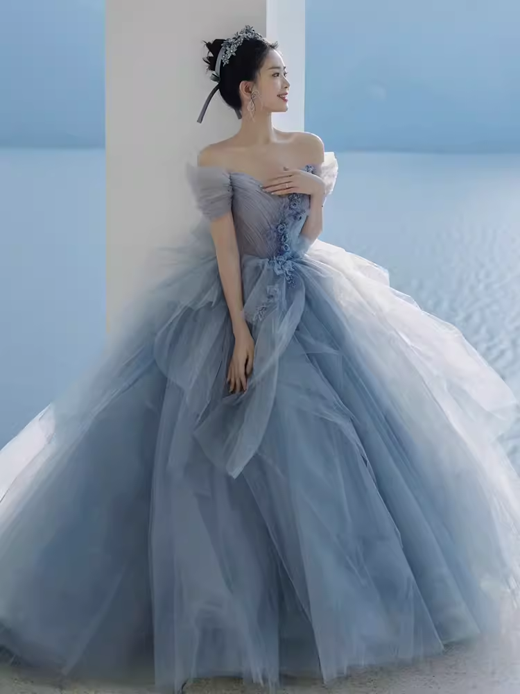 Fairy Ball Gown Off The Shoulder Gray Long Prom Dress B397