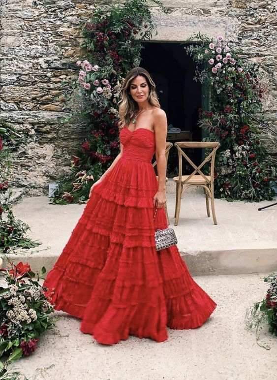 Fairy A Line Strapless Red Lace Long Prom Dress B398
