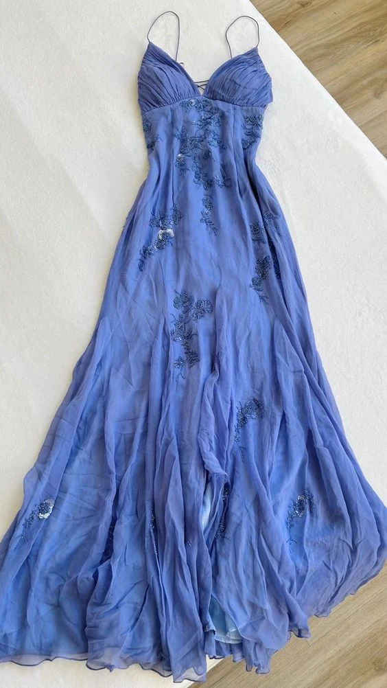 Robe de bal longue en mousseline de soie bleue, sexy, bretelles, dos nu, ligne A, B401