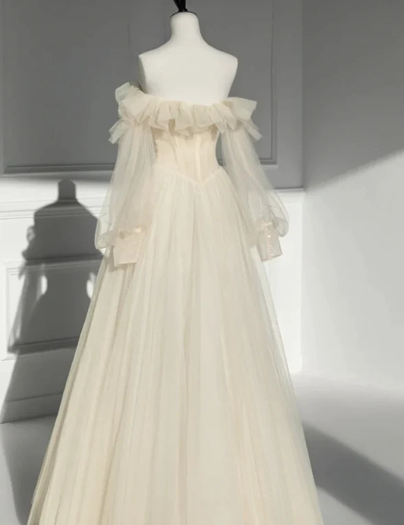Simple A Line Strapless Tulle Long Prom Dress B402