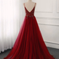 Sparkly A Line Burgundy Tulle Long Prom Dress B407