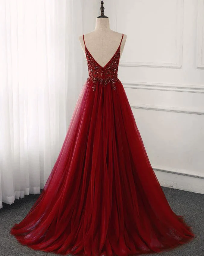 Sparkly A Line Burgundy Tulle Long Prom Dress B407