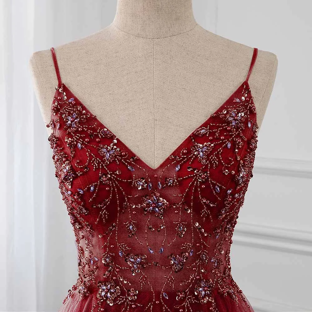 Sparkly A Line Burgundy Tulle Long Prom Dress B407