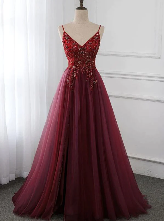 Sparkly A Line Burgundy Tulle Long Prom Dress B407