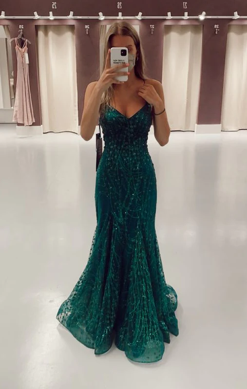 Sexy Mermaid Backless Straps Green Sequin Long Prom Dress B411