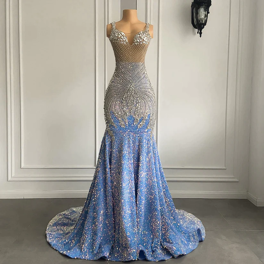 Robe de bal longue sexy à bretelles et paillettes, style sirène, B412