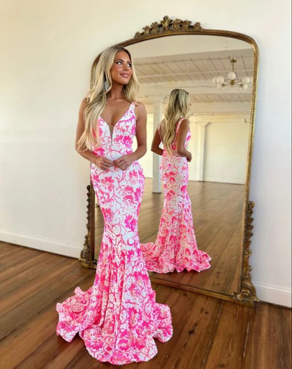 Sexy Mermaid Straps Pink Floral Long Prom Dress B414