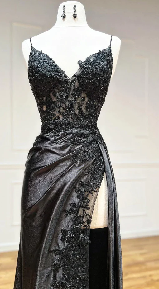 Sexy Mermaid Straps Black Lace Slit Long Prom Dress B415