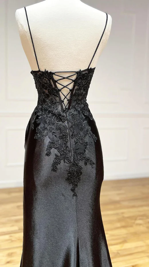 Sexy Mermaid Straps Black Lace Slit Long Prom Dress B415