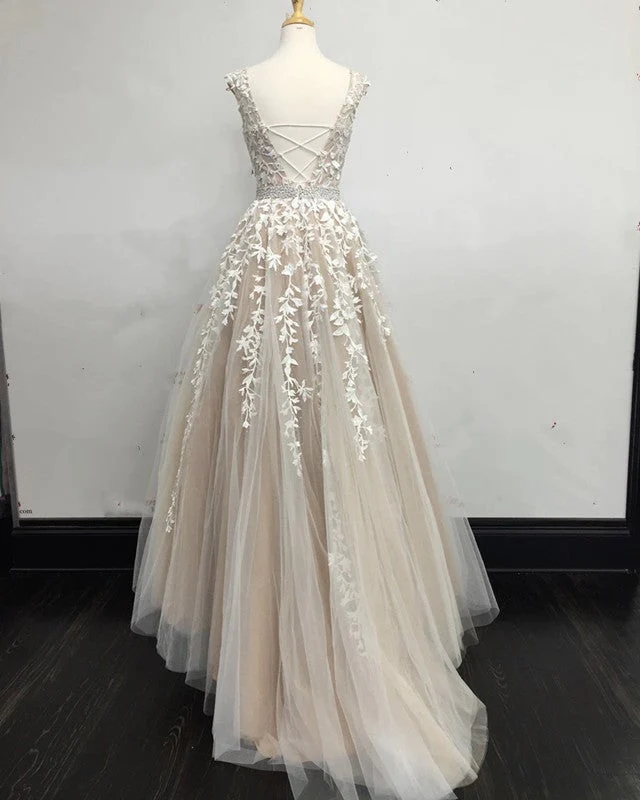 Elegant A line Cap Sleeves Lace Blue Long Prom Dress B438