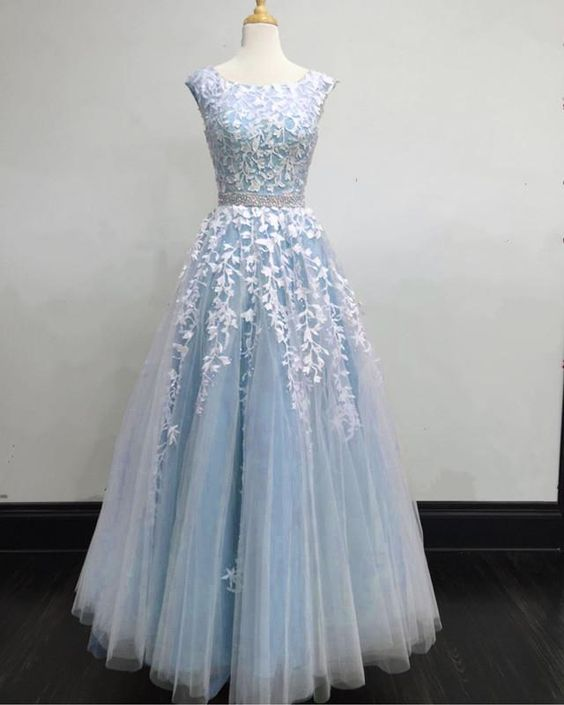 Elegant A line Cap Sleeves Lace Blue Long Prom Dress B438
