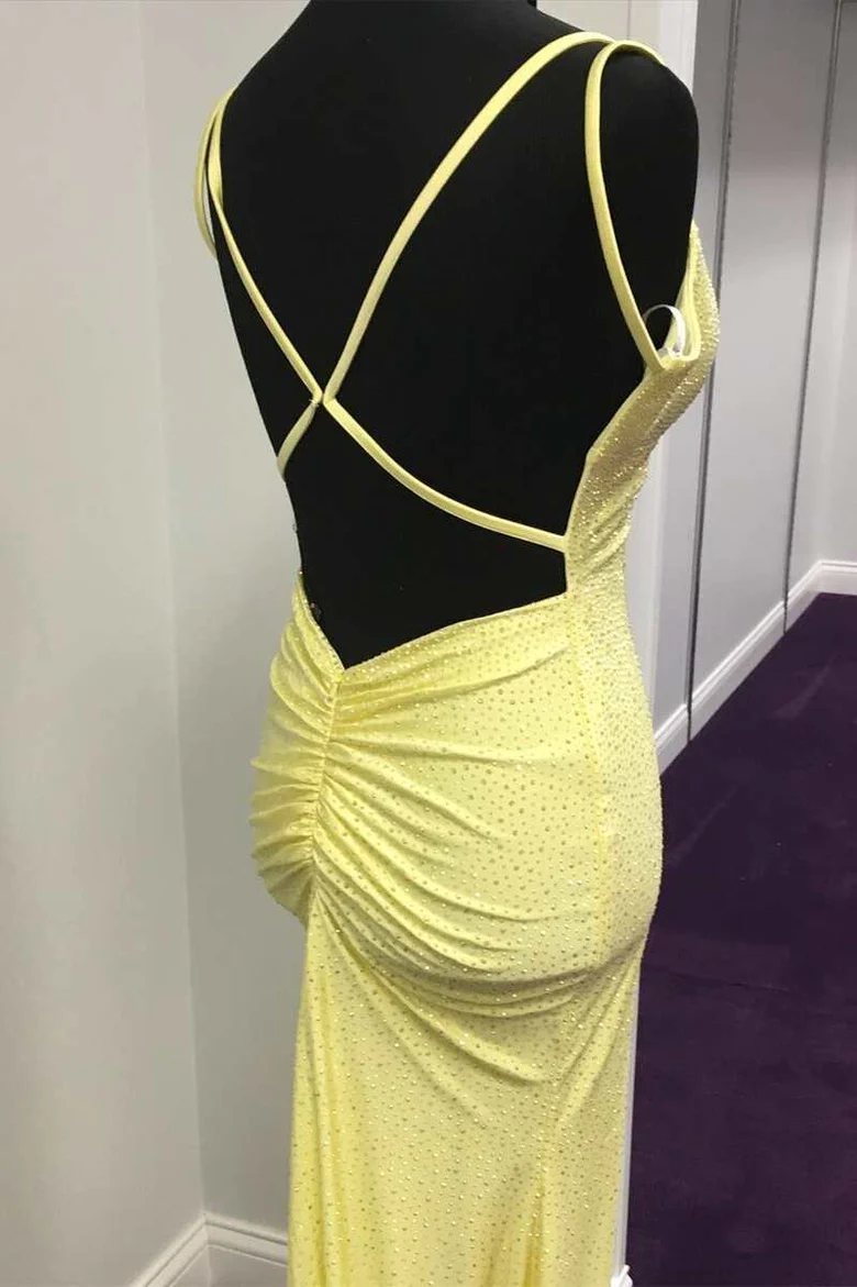 Elegant Mermaid Straps Long Backless Yellow Prom Dress B445