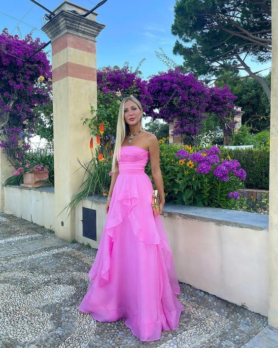 Elegant A line Long Strapless Pink Prom Dress B447