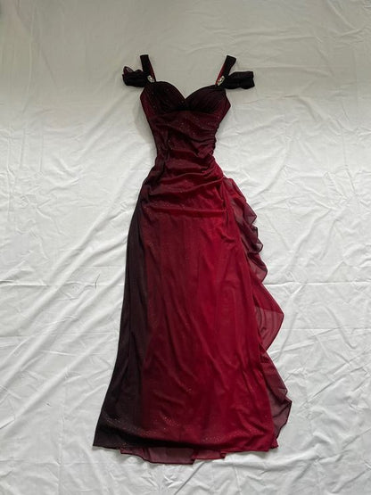 Vintage A line Long Off The Shoulder Burgundy Chiffon Prom Dress B449