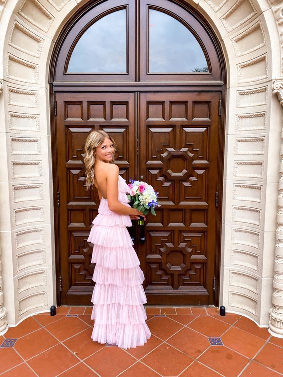 Vintage A line Long Halter Pink Tulle Ruffles Prom Dress B450