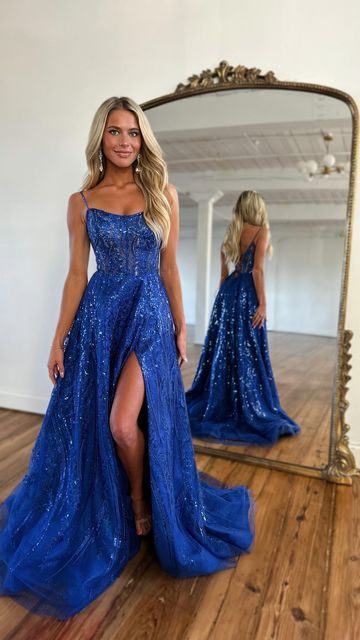 Sparkly A line Long Straps Royal Blue Sequin Long Prom Dress B452