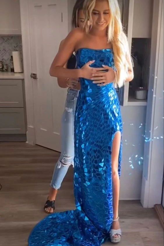 Sparkly Mermaid Long Straps Royal Blue Beads Long Prom Dress B453